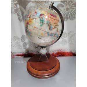 Vtg Spinning World Globe on wooden Base with quartz Clock semiprecious stone 8"